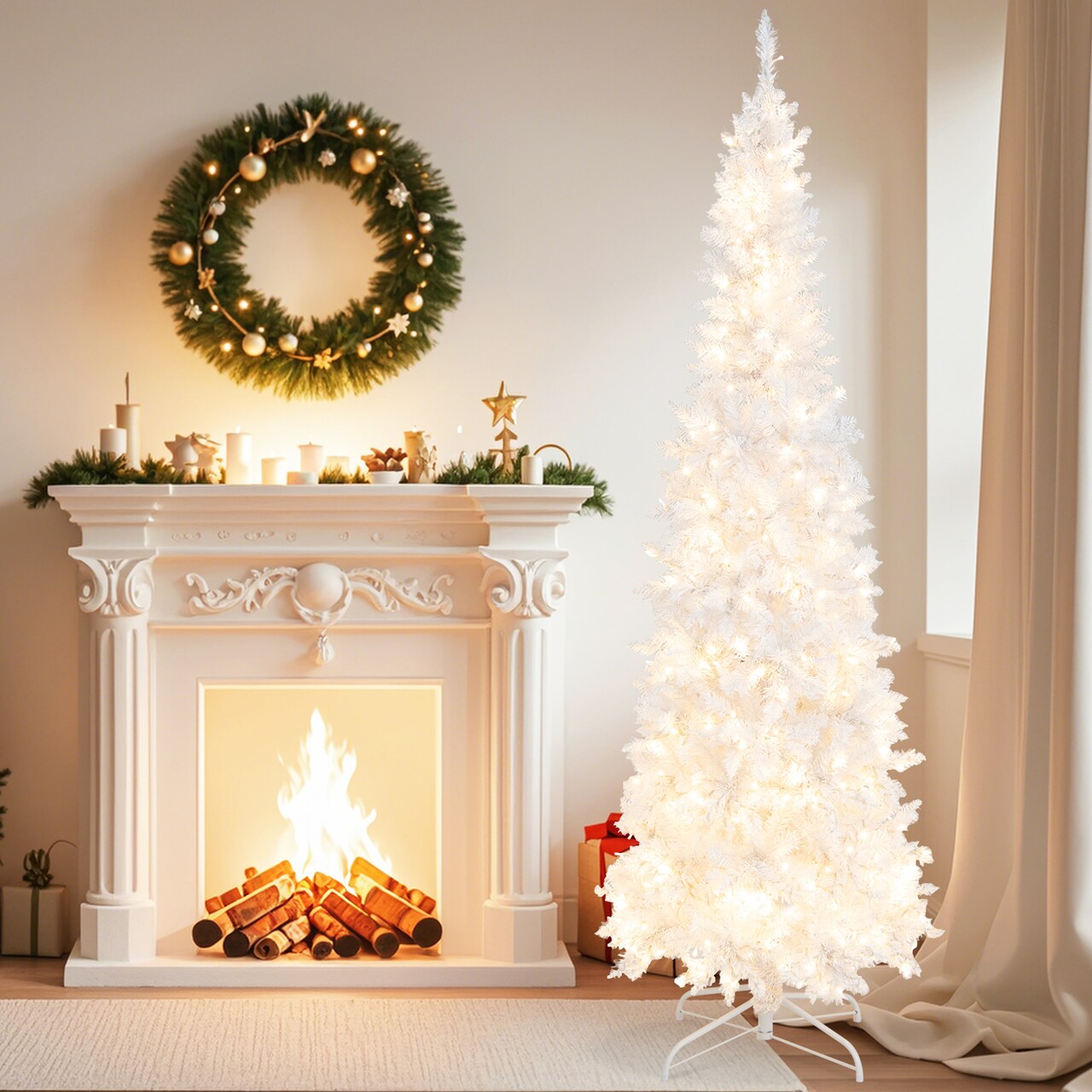 Costway 7 FT Pre-Lit Hinged Pencil Christmas Tree White with 300 LED Lights & 8 Flash Modes